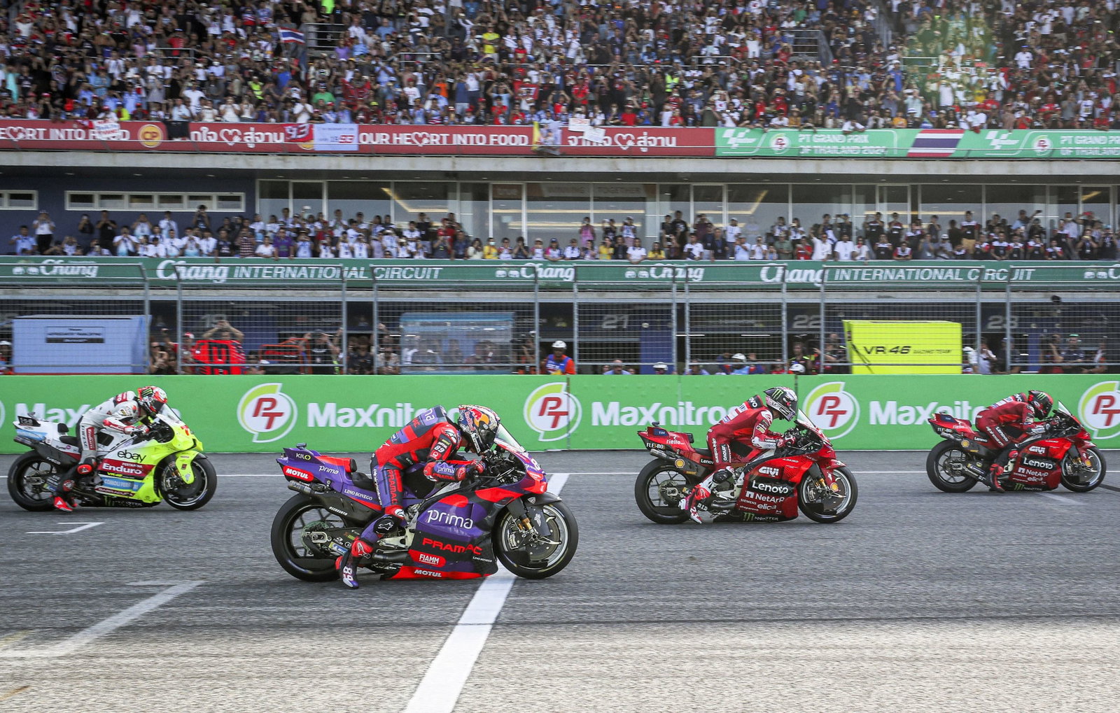 Low and Lower: The GP23 (Bezzecchi) starts visibly higher than the factory GP24s.